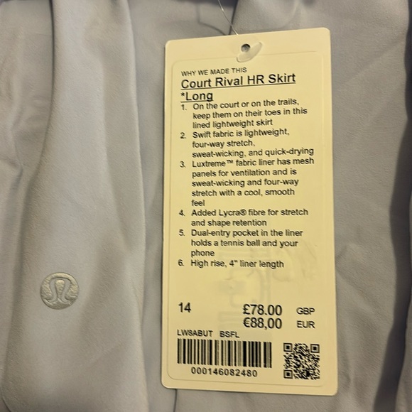 Lululemon Court Rival HR Skirt Long, Blissful Blue, Size 14 - Picture 3 of 6